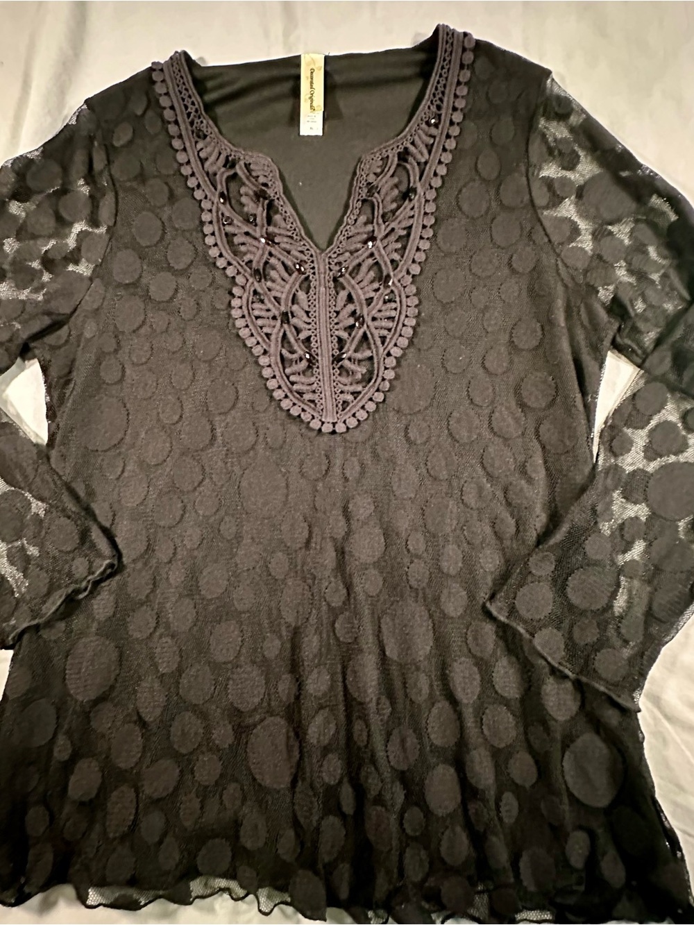 Women's Black Crochet V-Neck Dot-Textured Tunic witchy sequence Gothic Y2K